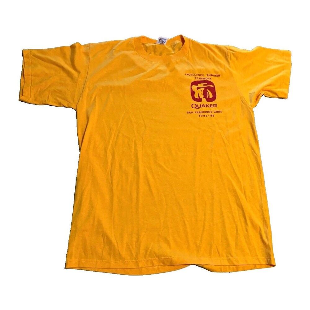 Jerzees Vtg 80s Quaker Logo Graphic T-Shirt Yellow XL Crew Neck Cotton Knit